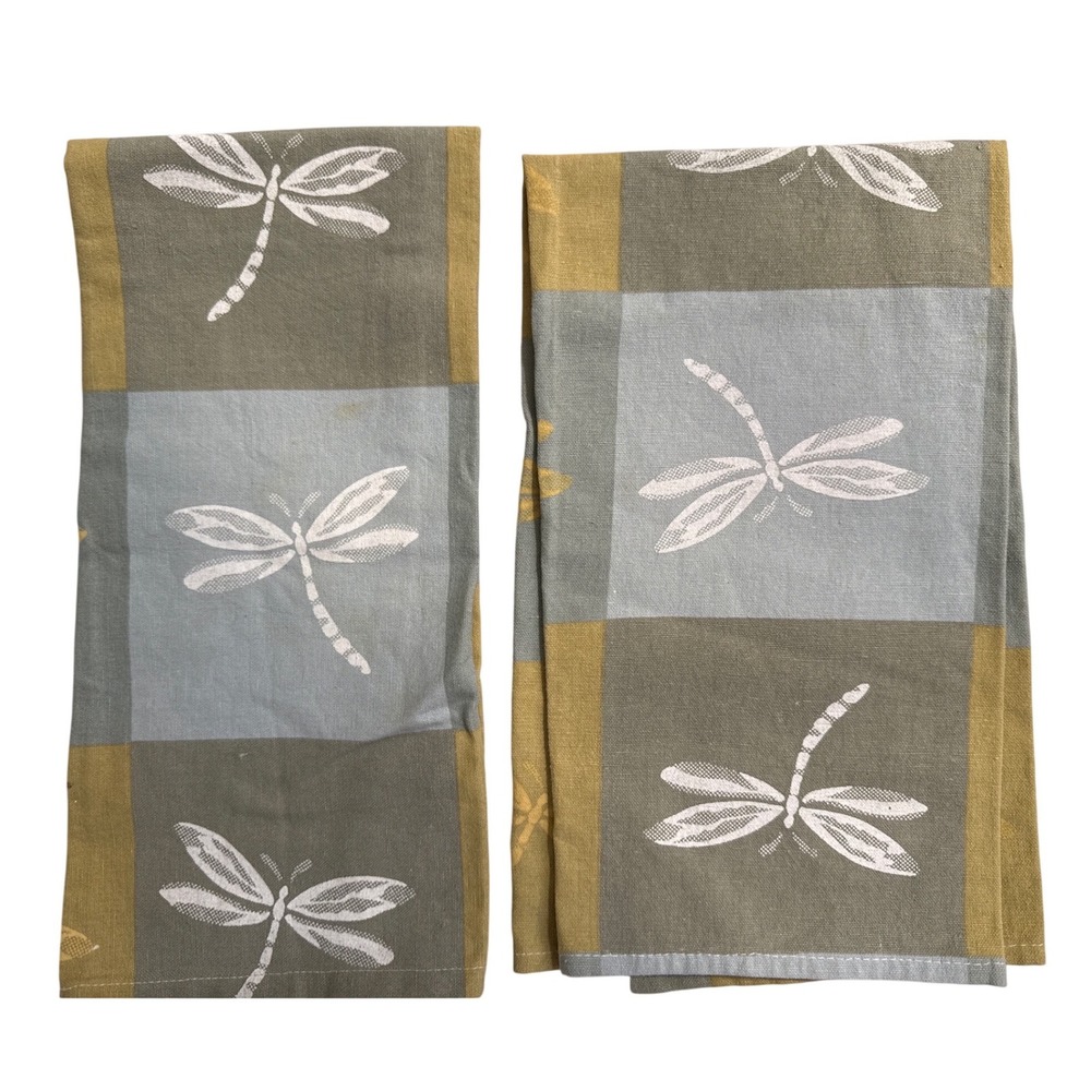 Dragonfly Cotton Kitchen Towels Green Blue Yellow Colorblock 20x26 Set of 2